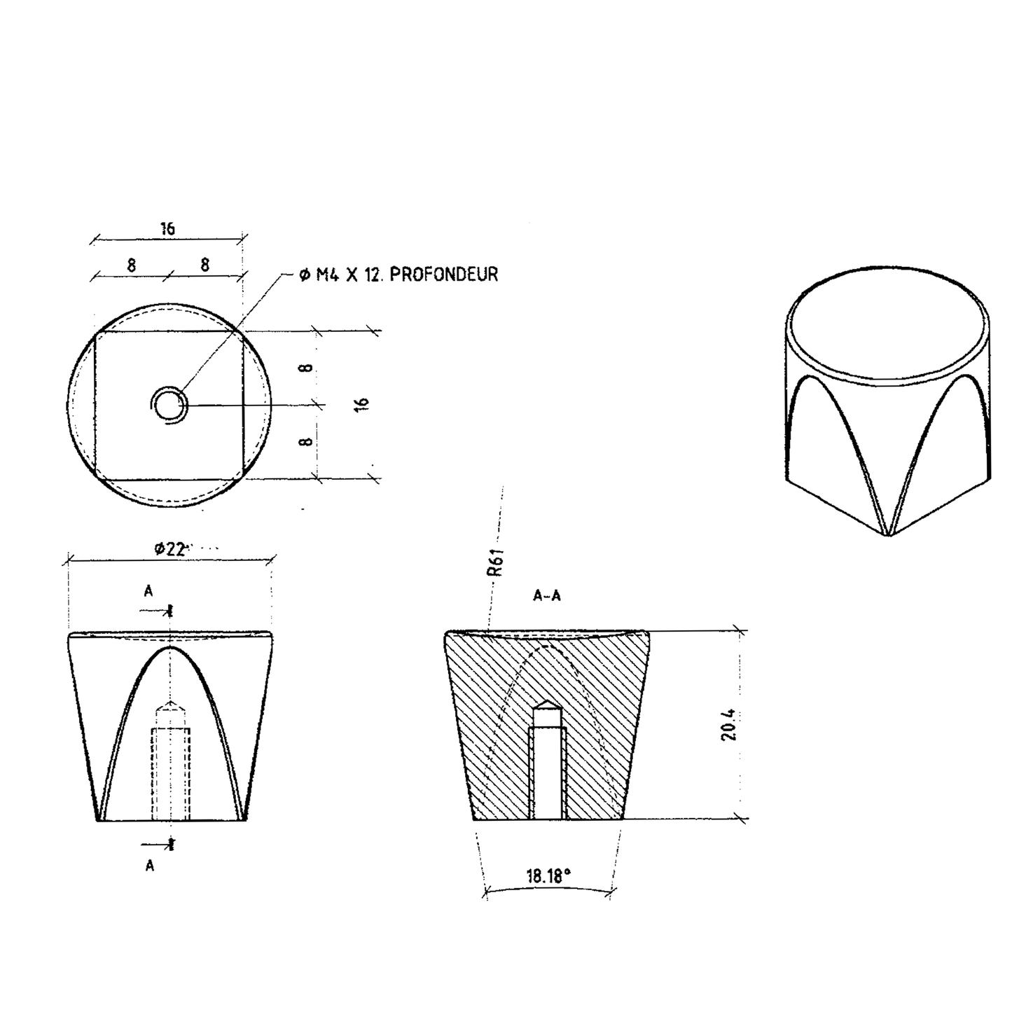Technische Zeichnung Design-Möbelknopf Bromia 