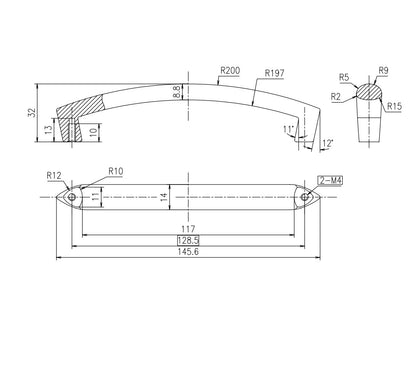 Technische Zeichnung Buegelgriff Adonia 128 mm Chrom matt galvanisiert auf weissem Hintergrund