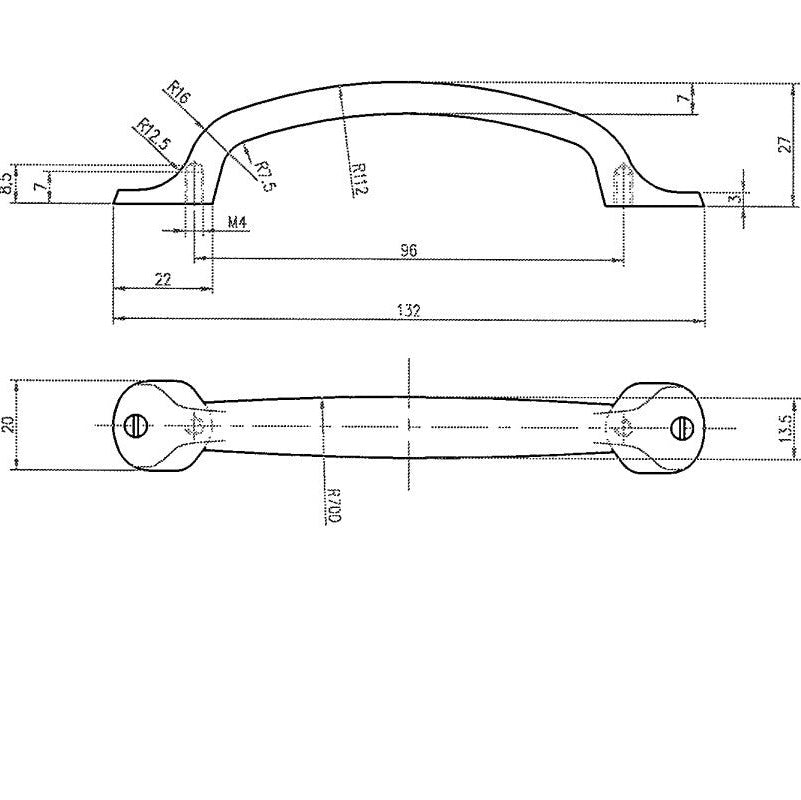 Technische Zeichnung Bügelgriff Calliope 96 mm Edelstahleffekt auf weißem Hintergrund