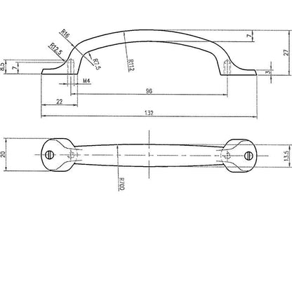 Technische Zeichnung Bügelgriff Calliope 96 mm Edelstahleffekt auf weißem Hintergrund
