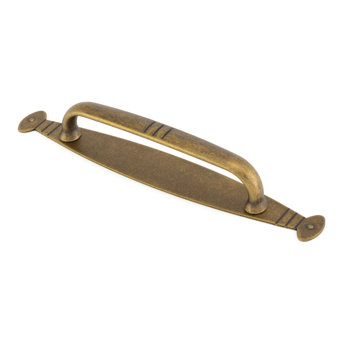 Zweiteiliger Antik-Bügelgriff Syringia 96 mm Antik Gold galvanisiert stehend auf weißem Hintergrund