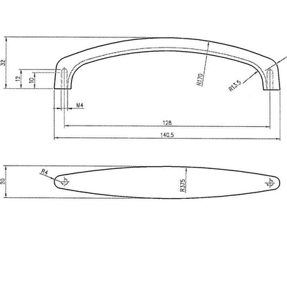 Technische Zeichnung Design-Bügelgriff Violet 128 mm Chrom glaenzend auf weißem Hintergrund