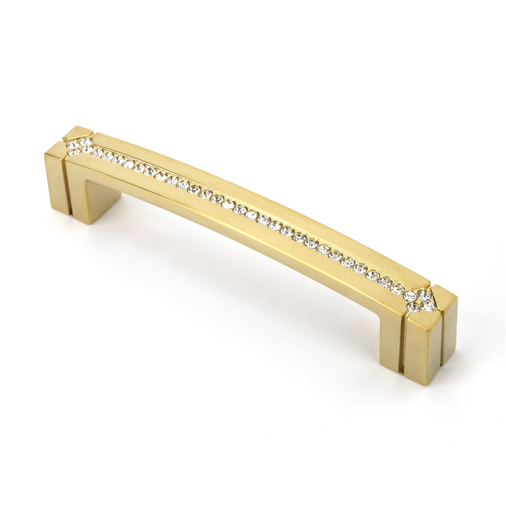 Kristall-Bügelgriff Chantrea 128 mm in Gold glänzend seitlich auf weißem Hintergrund
