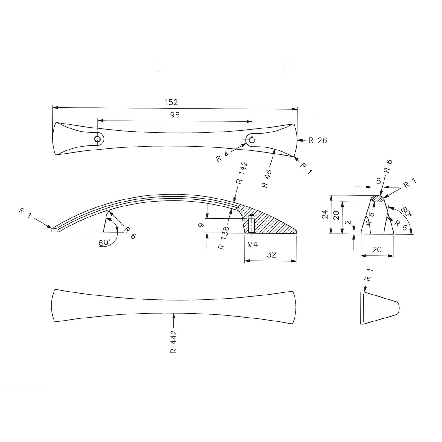 Technische Zeichnung des Möbelgriffs Dalya  96 mm mit Maßangaben