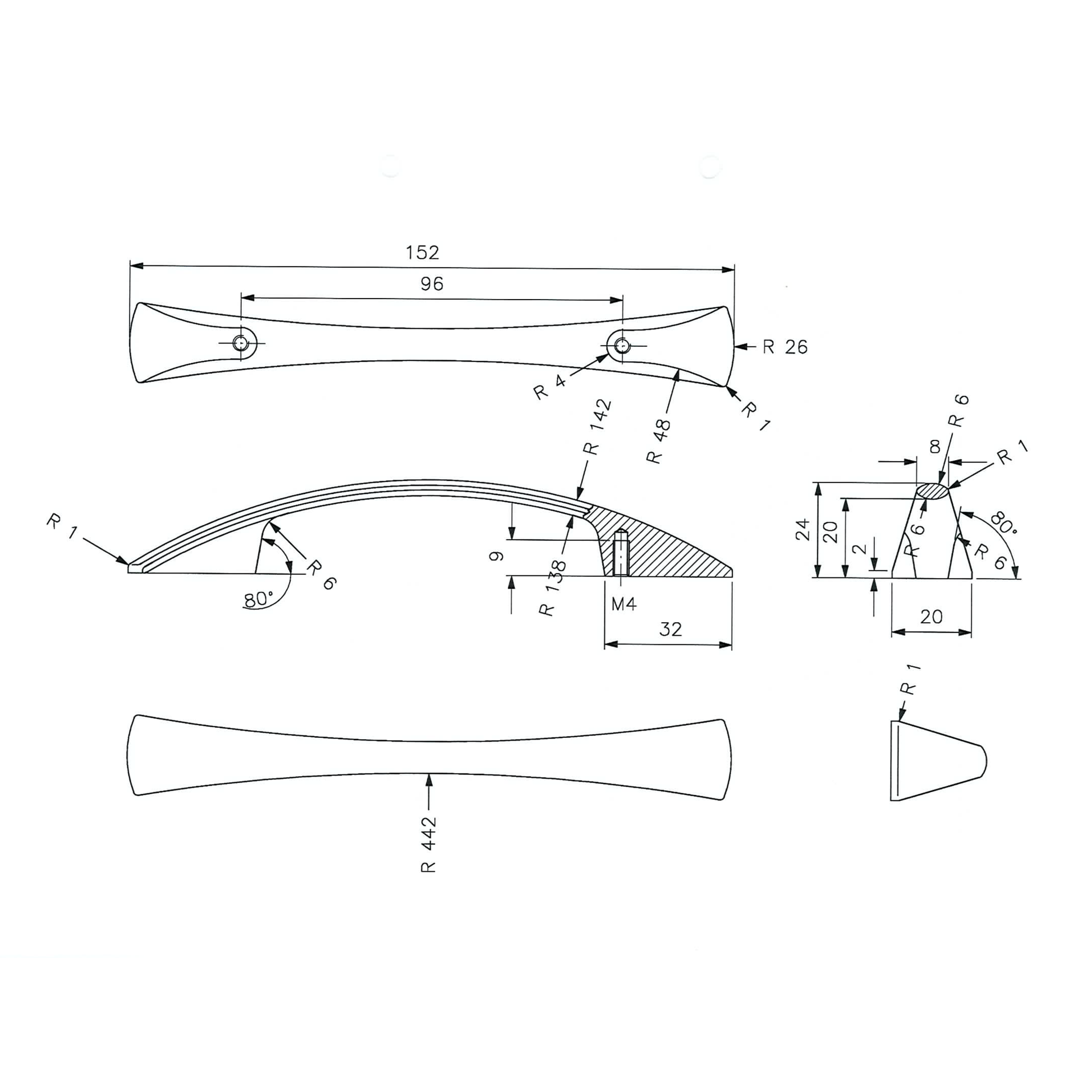 Technische Zeichnung des Möbelgriffs Dalya  96 mm mit Maßangaben