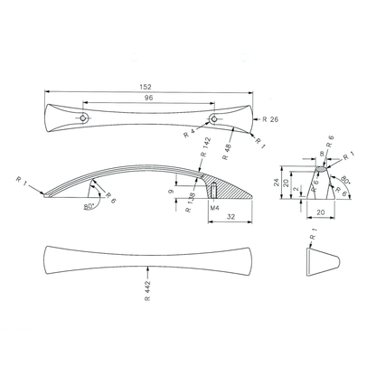 Technische Zeichnung des Möbelgriffs Dalya  96 mm mit Maßangaben