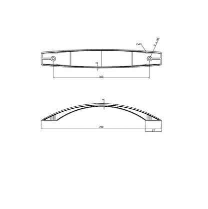 Technische Zeichnung Design-Bogengriff Ralitsa 160 mm Chrom glänzend galvanisiert auf weißem Hintergrund