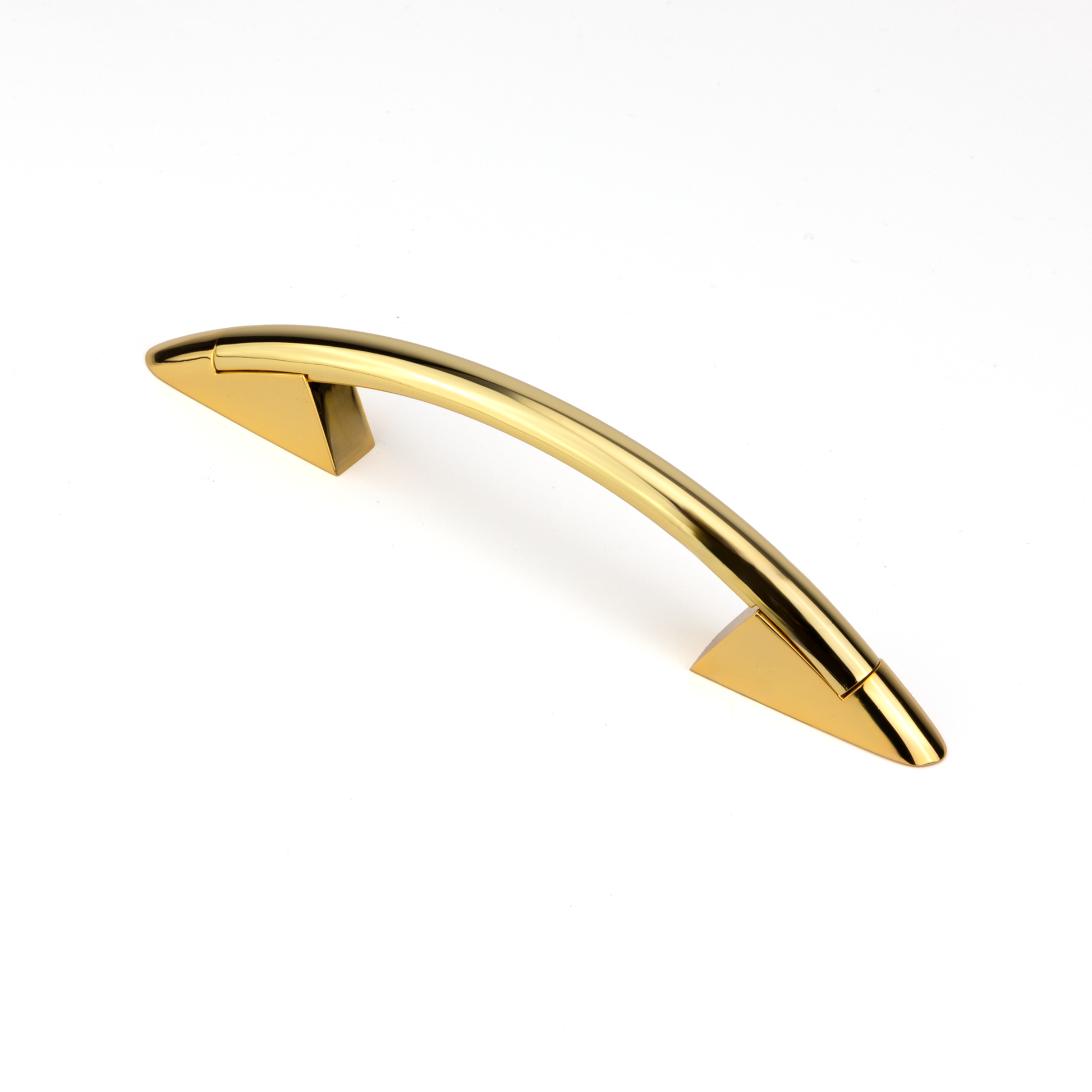 Design-Bogengriff Ruza 96 mm Kombination Gold glaenzend galvanisiert Griffleiste und Gold glaenzend galvanisiert Grifffuss stehend auf weissem Hintergrund