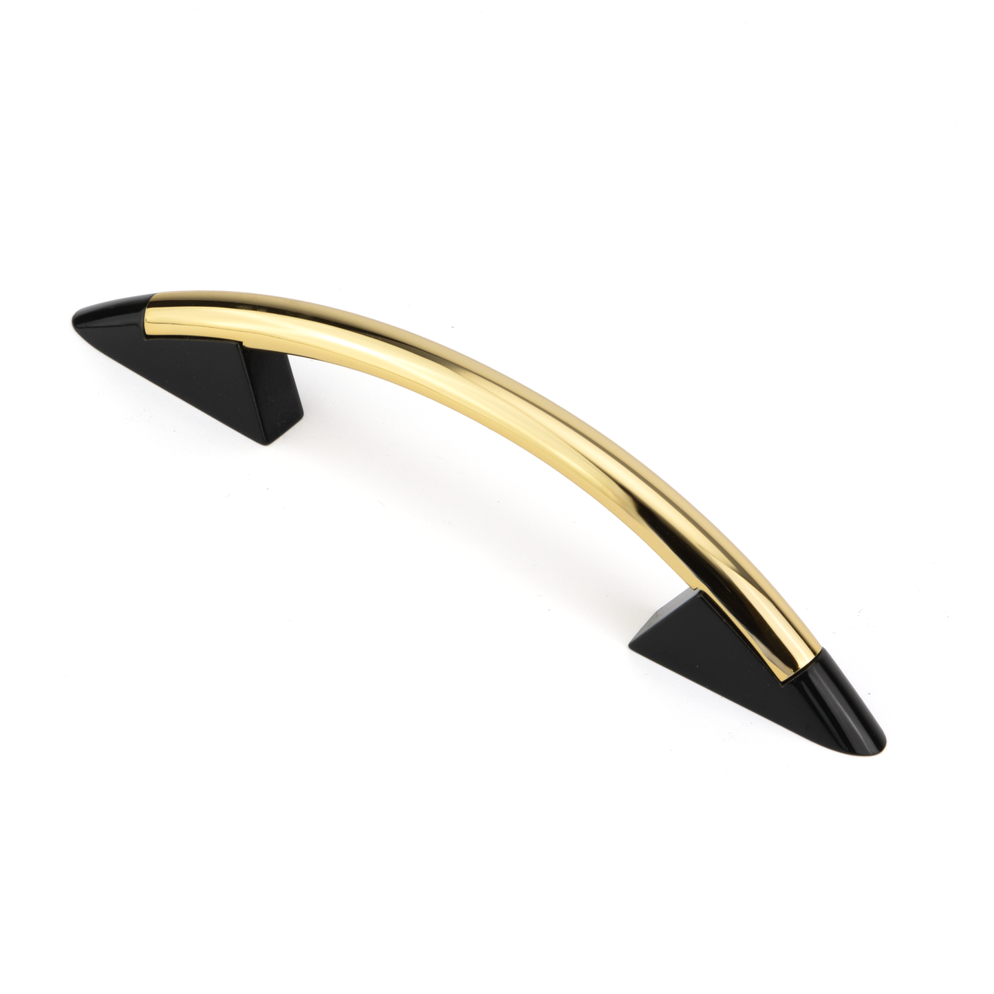 Design-Bogengriff Ruza 96 mm Kombination Gold glaenzend galvanisiert Griffleiste und Schwarz glaenzend lackiert Grifffuss stehend auf weissem Hintergrund