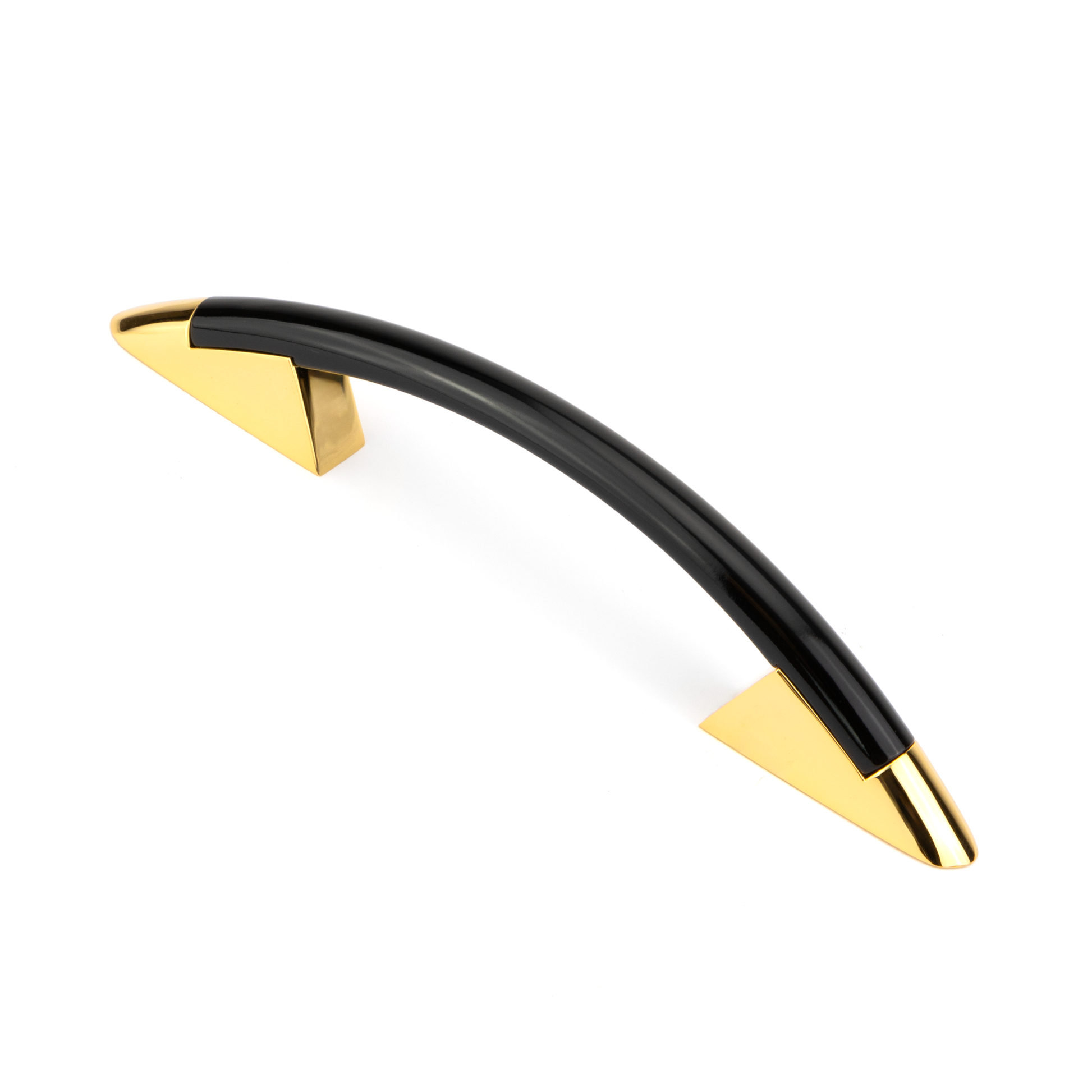 Design-Bogengriff Ruza 96 mm Kombination Schwarz glaenzend lackiert Griffleiste und Gold glaenzend galvanisiert Grifffuss stehend auf weissem Hintergrund