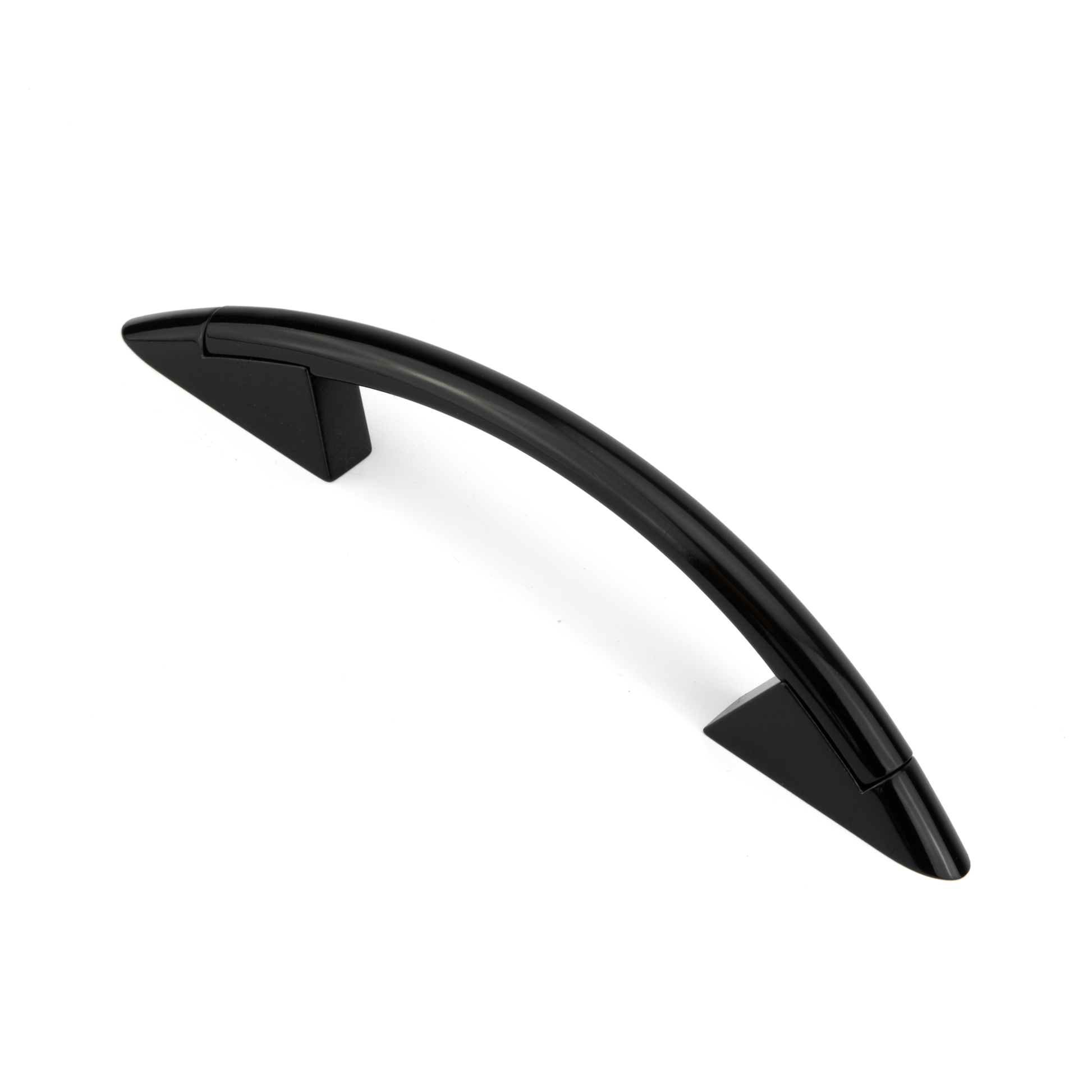 Design-Bogengriff Ruza 96 mm Kombination Schwarz glaenzend lackiert Griffleiste und Schwarz glaenzend lackiert Grifffuss stehend auf weissem Hintergrund