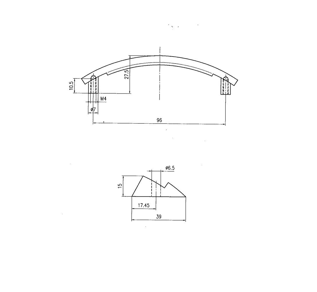Technische Zeichnung des Design-Bogengriff Ruza 96 mm mit Massangaben zu Lochabstand, Höhe und Breite