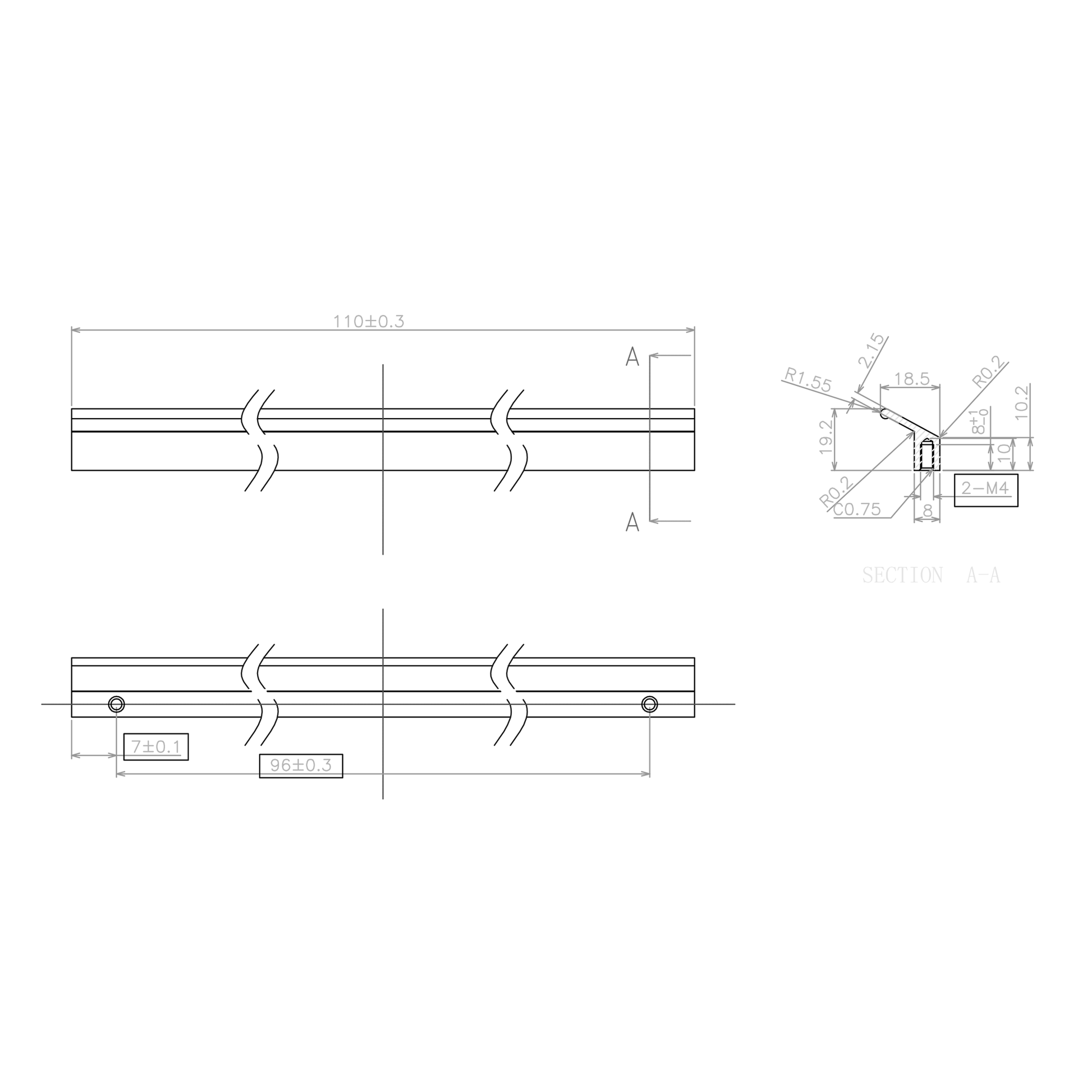 Technische Zeichnung Griffleiste Ela 96 mm
