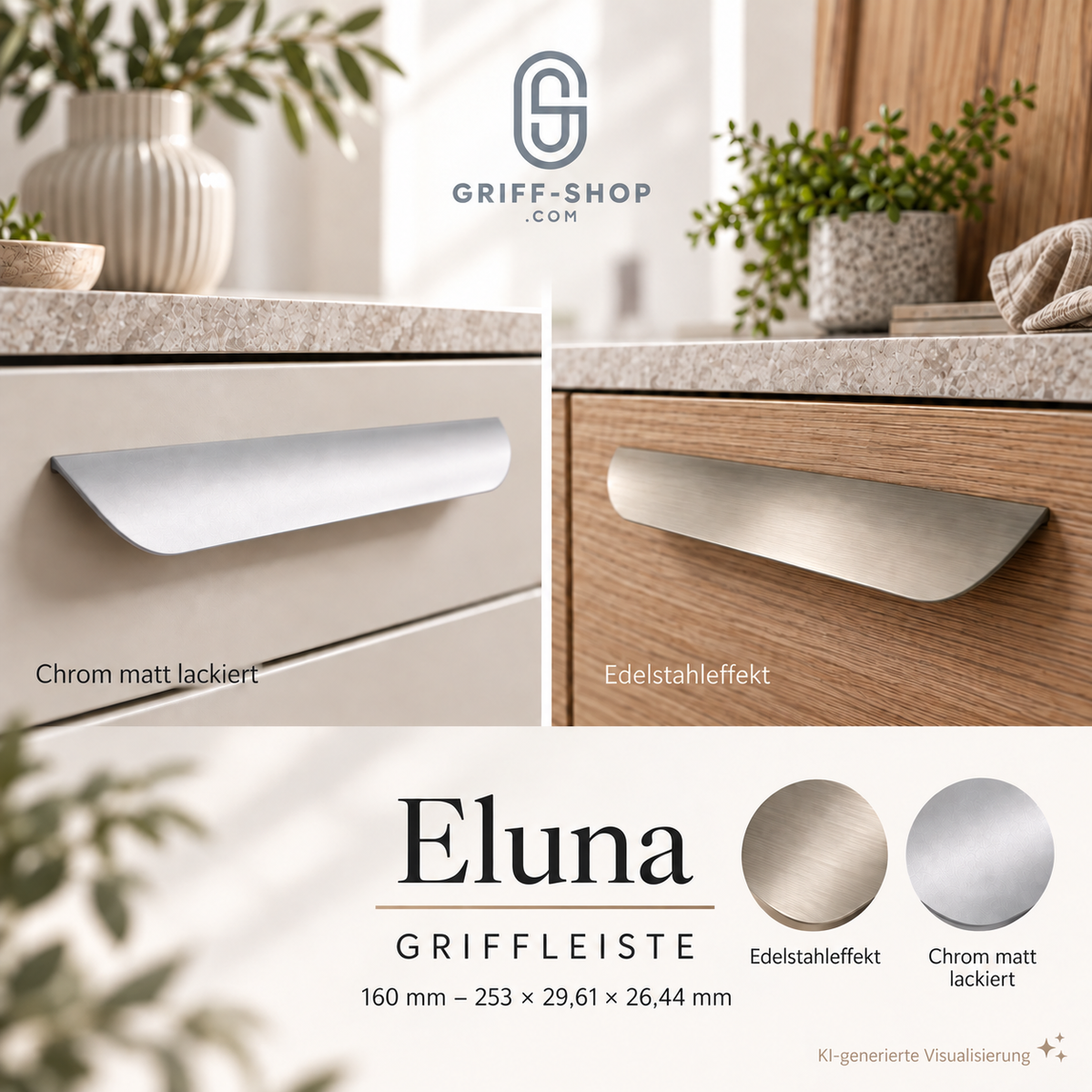 Moodbild Griffleiste Eluna 160 mm in Chrom matt lackiert und Edelstahleffekt