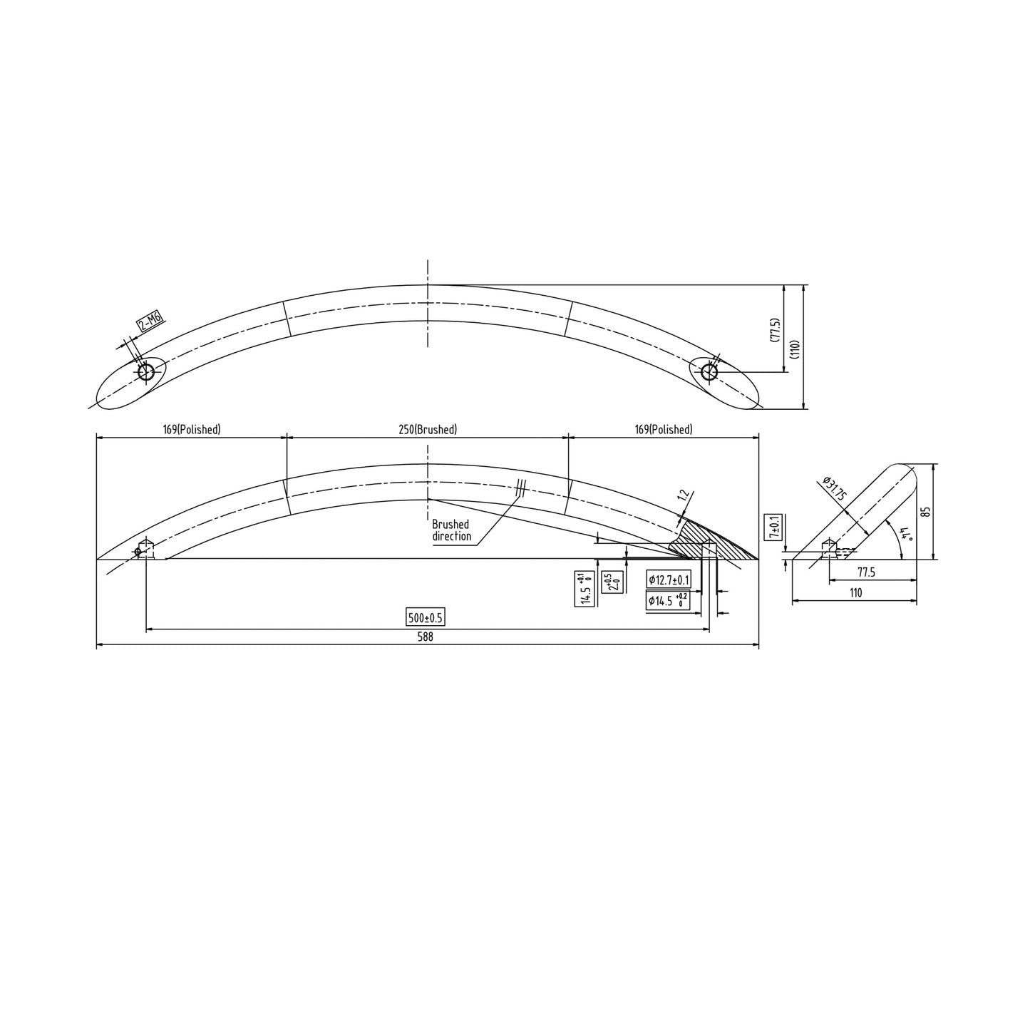 Technische Zeichnung Haustürgriff Verto mit Lochabstand 500 mm