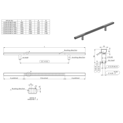 Technische Zeichnung Haustürgriff Hestia auf weißem Hintergrund
