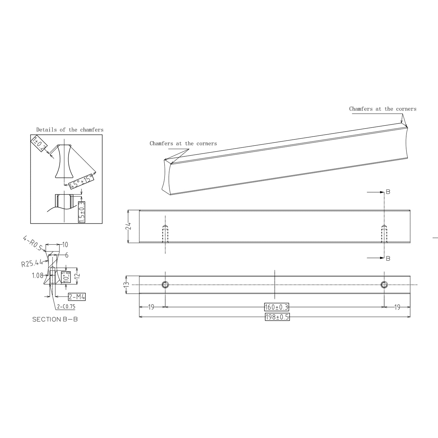 Technische Zeichnung Griffleiste Ilex 160 mm 