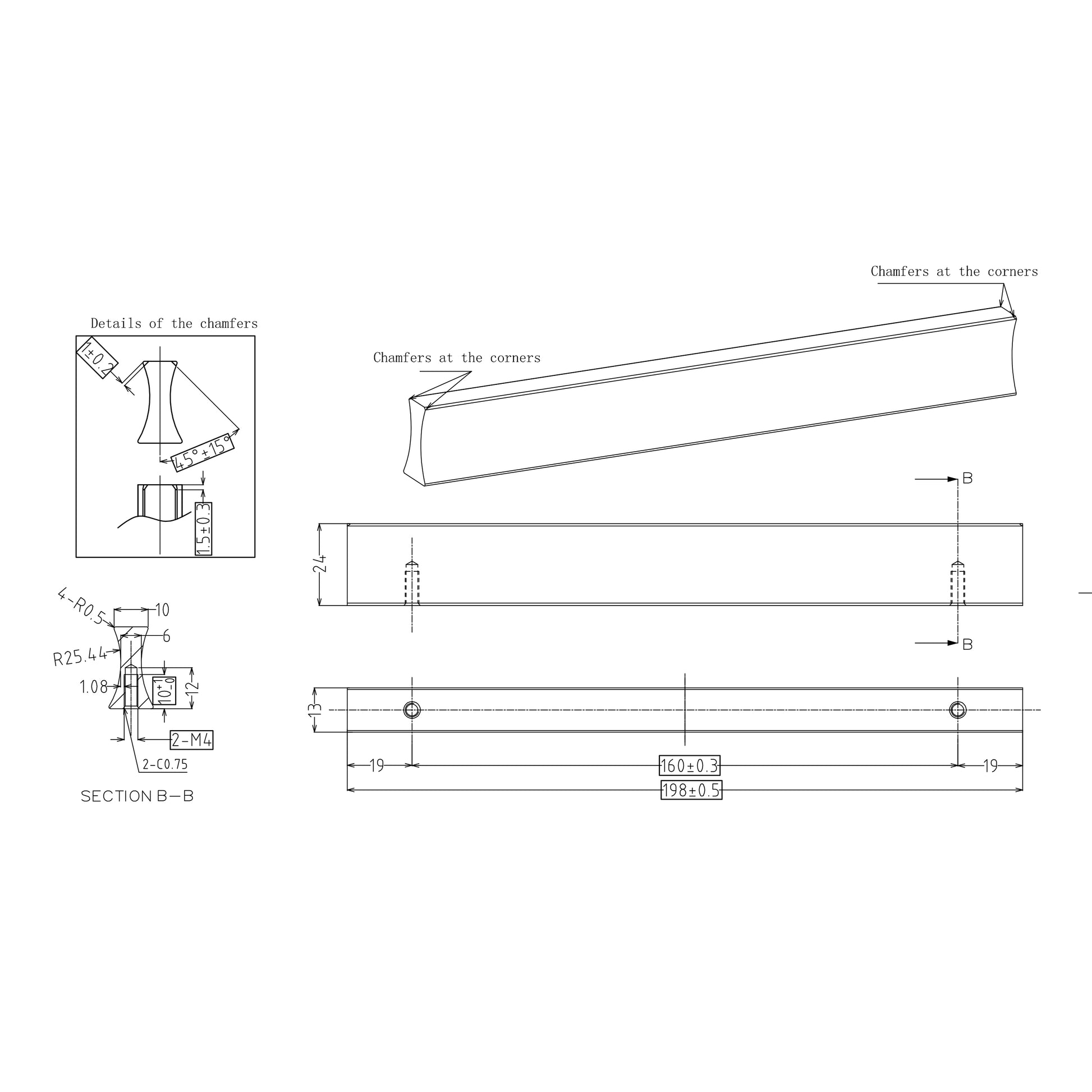 Technische Zeichnung Griffleiste Ilex 160 mm 