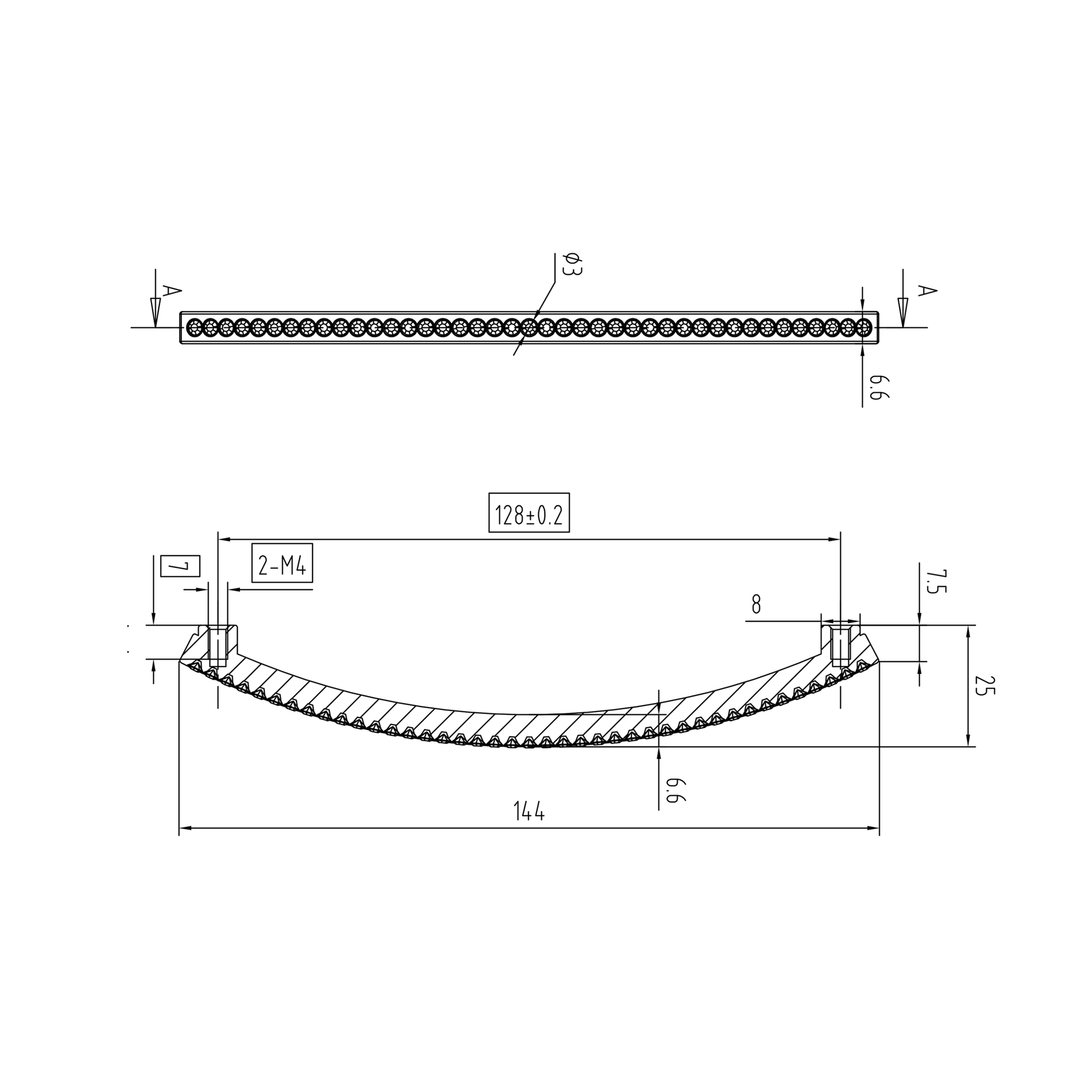 Technische Zeichnung Kristall-Bogengriff Scillia 128 mm Chrom matt galvanisiert auf weißem Hintergrund