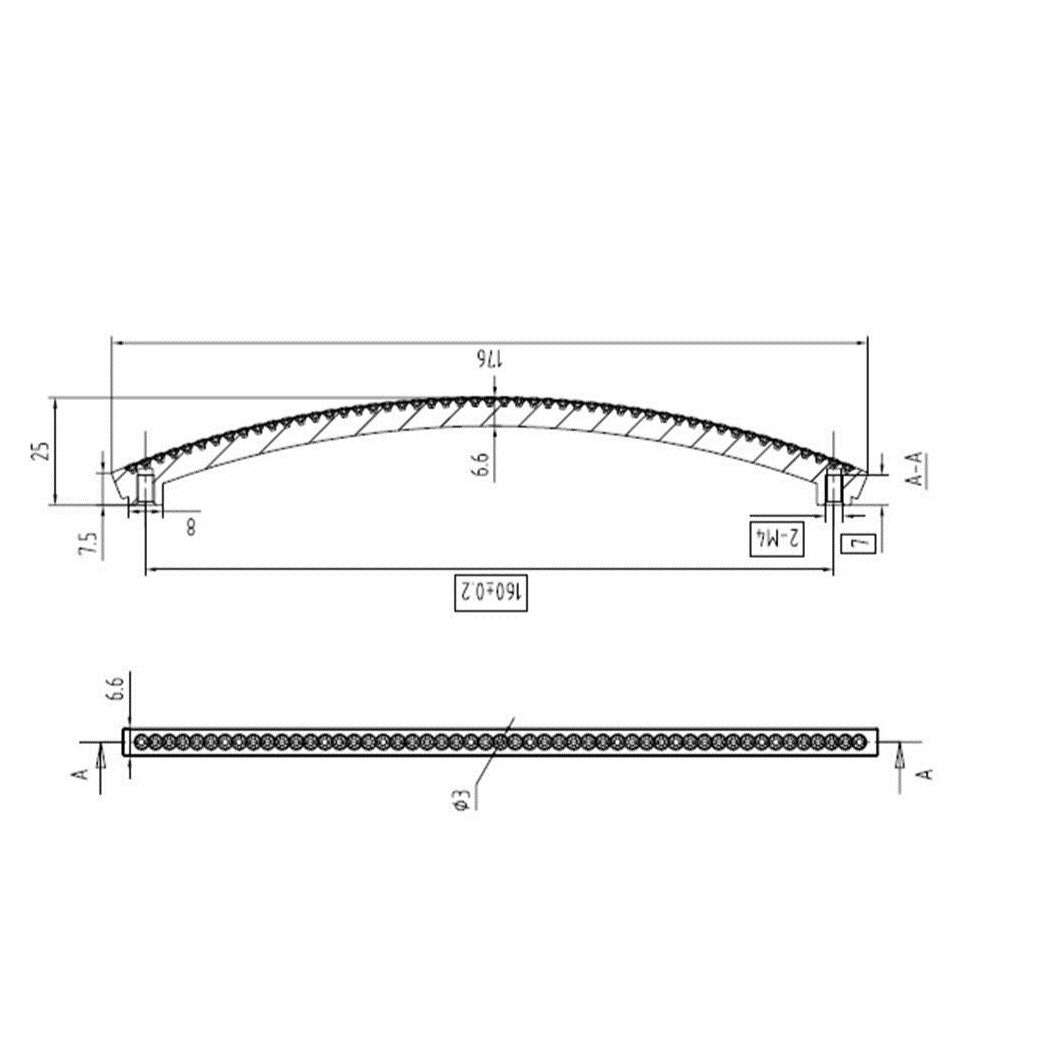 Technische Zeichnung Kristall-Bogengriff Scillia 160 mm Chrom matt galvanisiert auf weißem Hintergrund