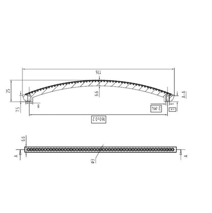 Technische Zeichnung Kristall-Bogengriff Scillia 160 mm Chrom matt galvanisiert auf weißem Hintergrund
