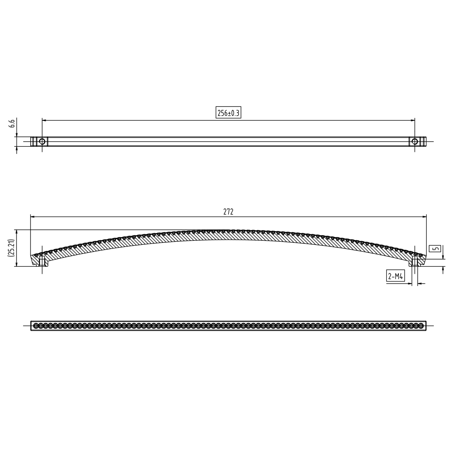 Technische Zeichnung Kristall-Bogengriff Scillia 256 mm Chrom matt galvanisiert auf weißem Hintergrund