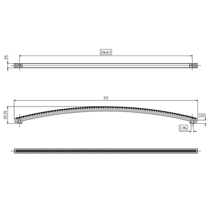 Technische Zeichnung Kristall-Bogengriff Scillia 256 mm Chrom matt galvanisiert auf weißem Hintergrund