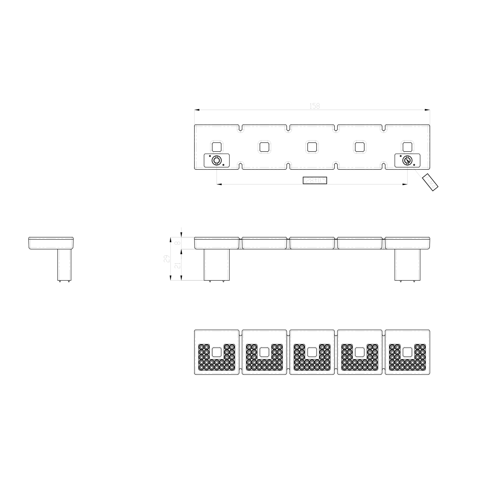 Technische Zeichnung Kristall-Bügelgriff Fiorina 128 mm auf weißem Hintergrund