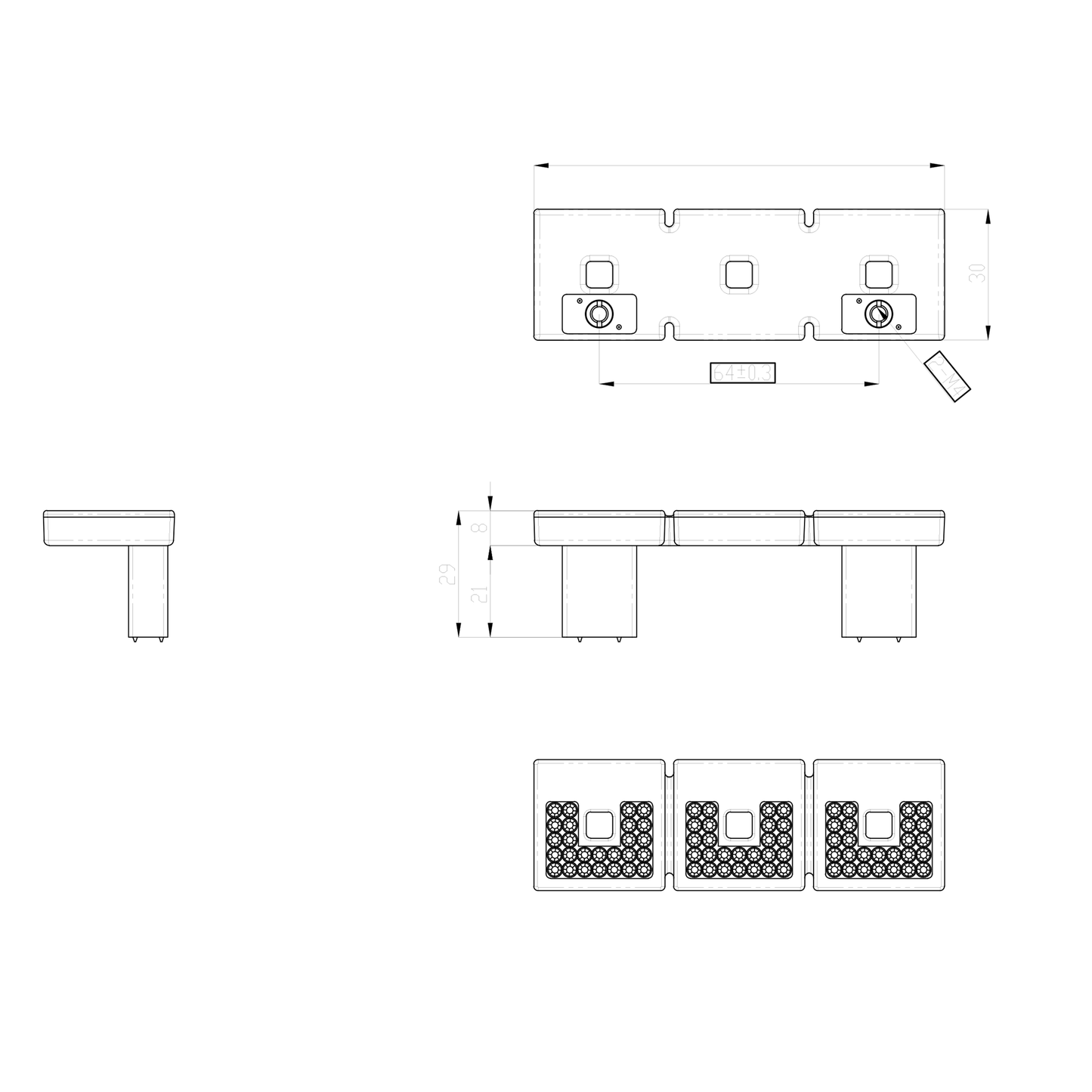 Technische Zeichnung Kristall-Bügelgriff Fiorina 64 mm auf weißem Hintergrund