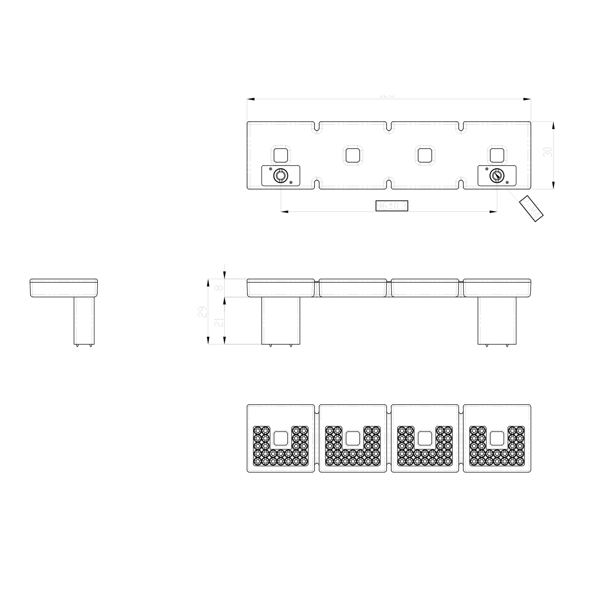 Technische Zeichnung Kristall-Bügelgriff Fiorina 96 mm auf weißem Hintergrund