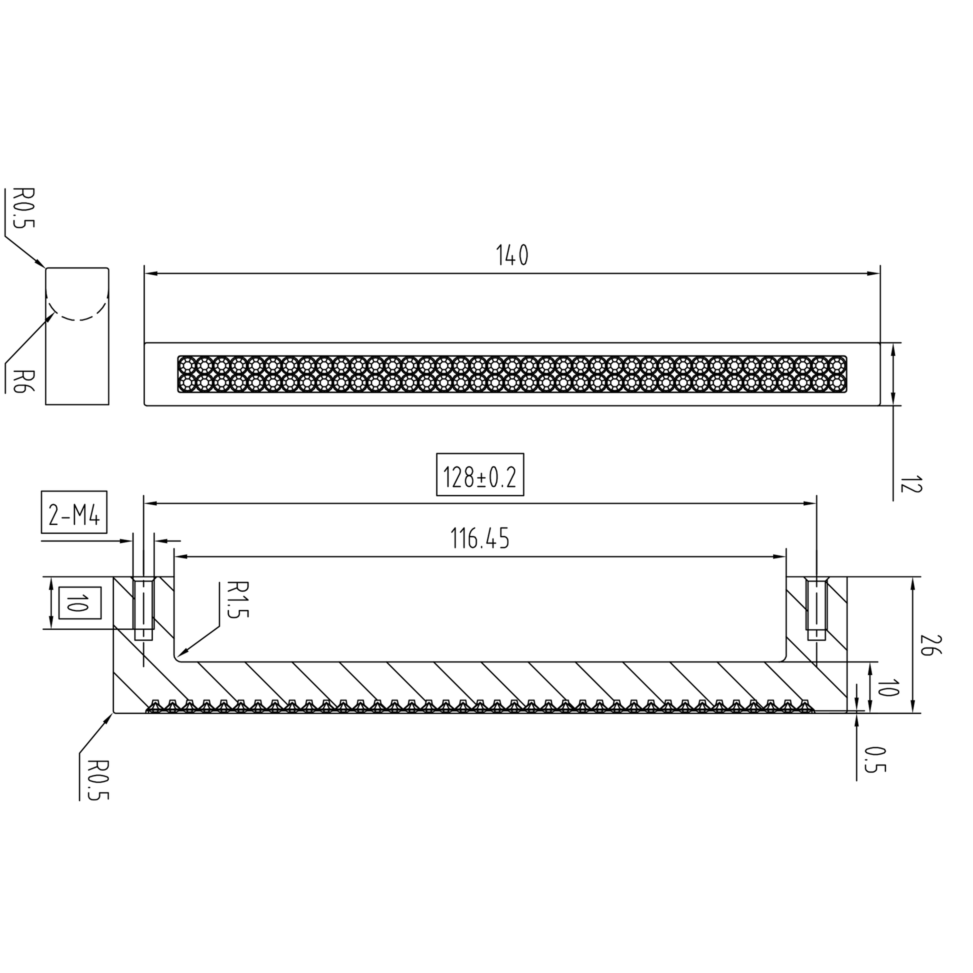 Technische Zeichnung Kristall-Bügelgriff Jelena 128 mm auf weißem Hintergrund