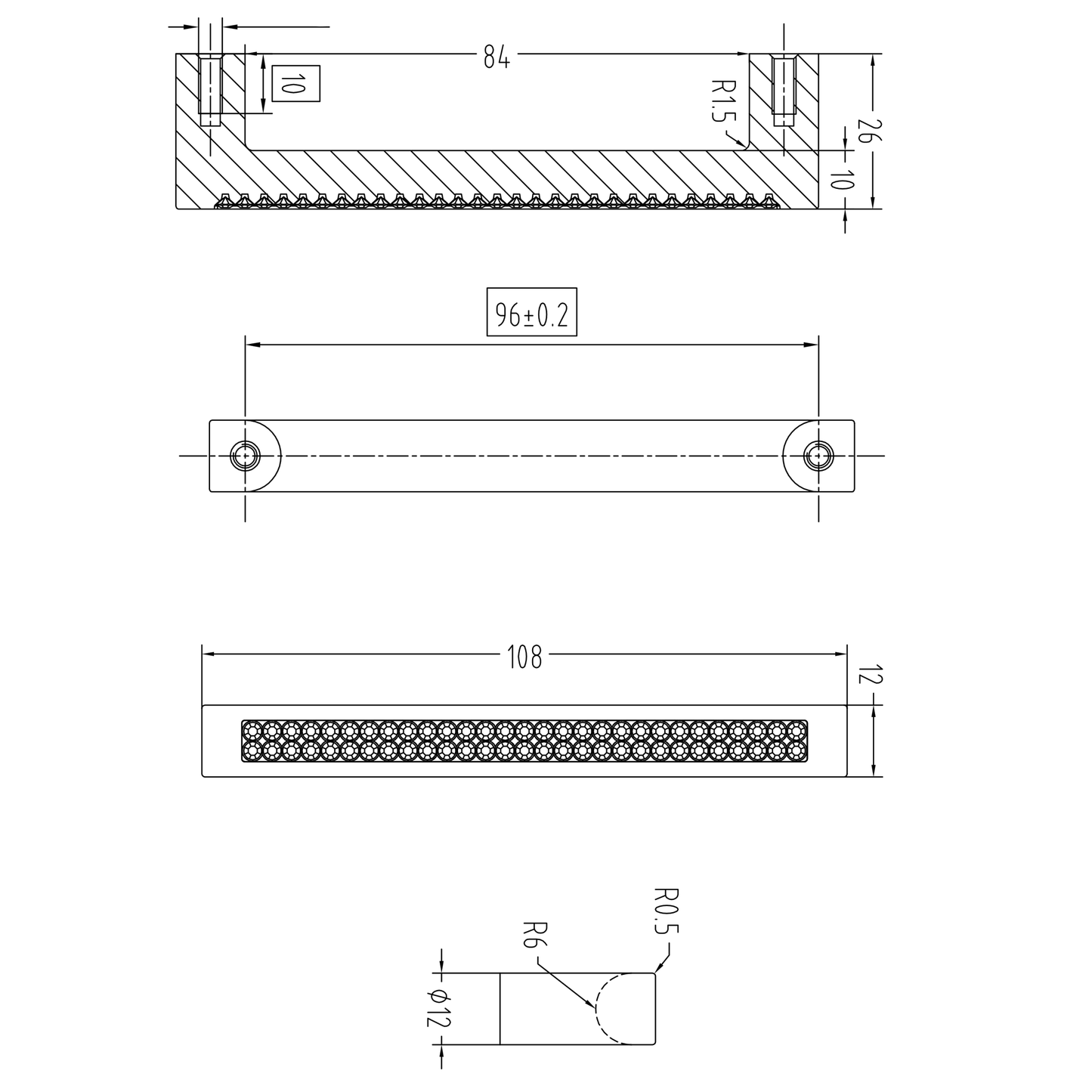 Technische Zeichnung Kristall-Bügelgriff Jelena 96 mm auf weißem Hintergrund
