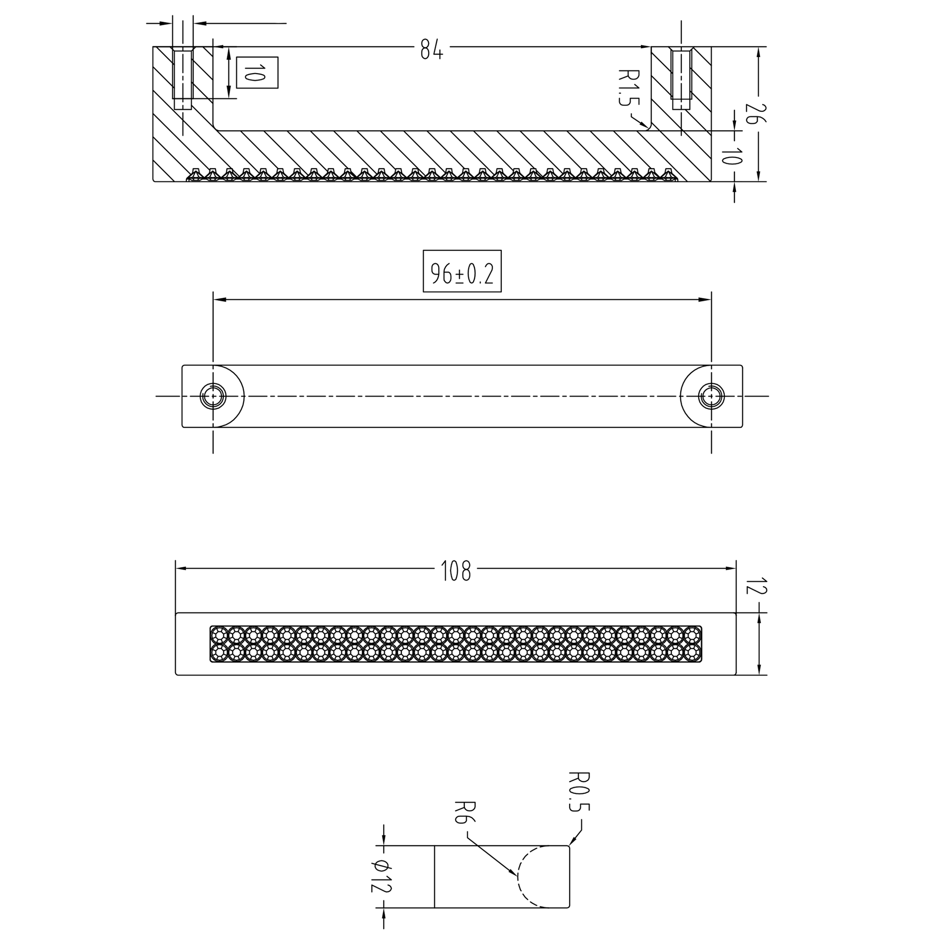 Technische Zeichnung Kristall-Bügelgriff Jelena 96 mm auf weißem Hintergrund