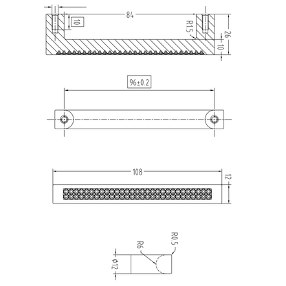 Technische Zeichnung Kristall-Bügelgriff Jelena 96 mm auf weißem Hintergrund