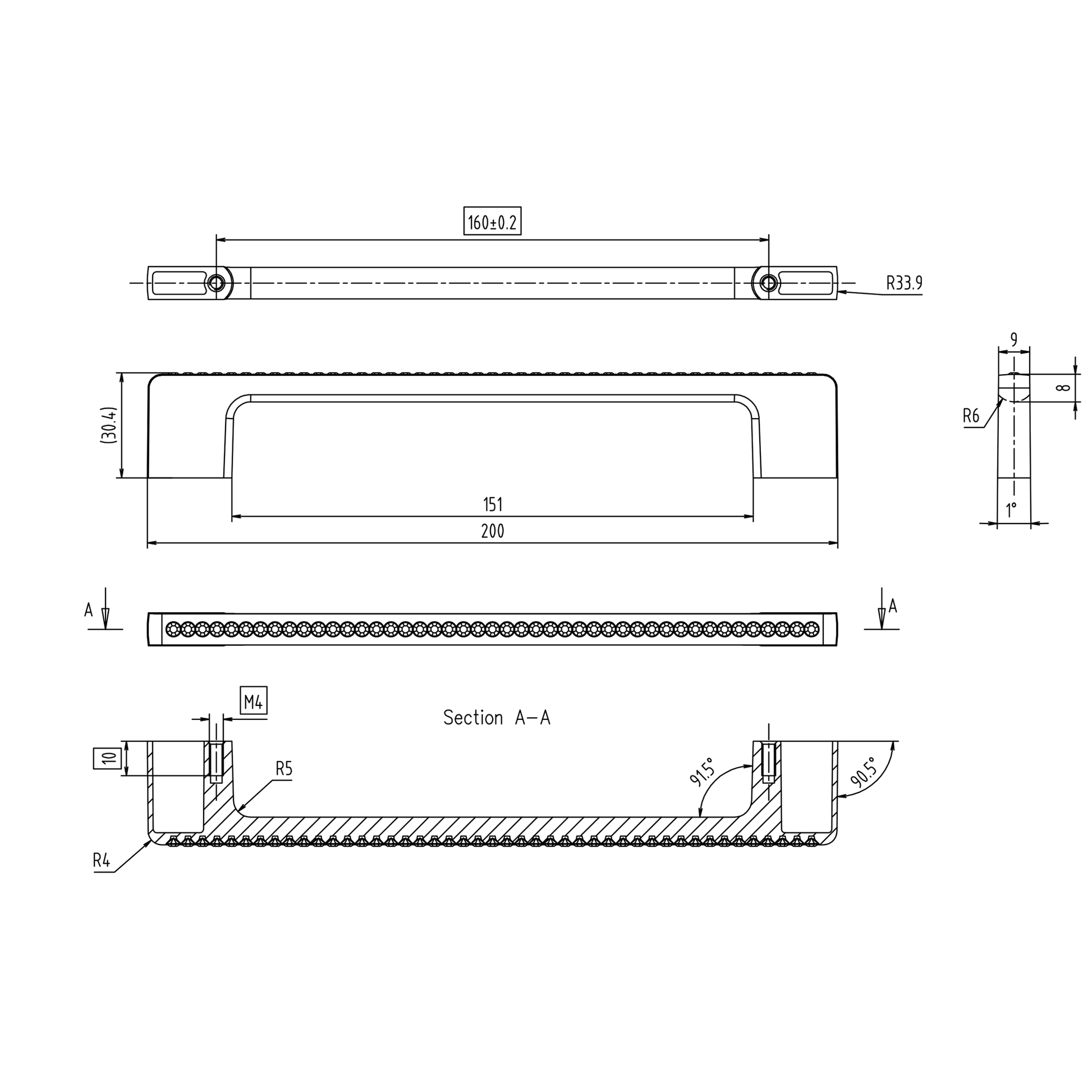 Technische Zeichnung Kristall-Bügelgriff Zehra 160 mm Chrom matt galvanisiert auf weißem Hintergrund