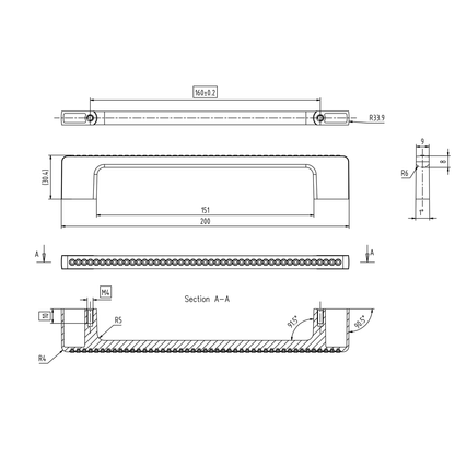 Technische Zeichnung Kristall-Bügelgriff Zehra 160 mm Chrom matt galvanisiert auf weißem Hintergrund
