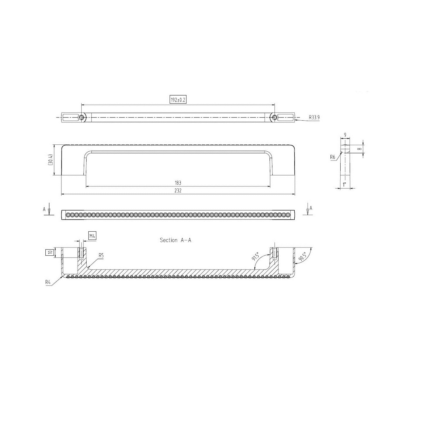 Technische Zeichnung Kristall-Bügelgriff Zehra 192 mm Chrom matt galvanisiert auf weißem Hintergrund