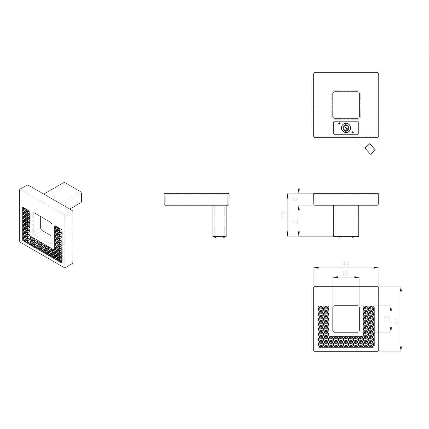 Technische Zeichnung Kristall-Möbelknopf Fiorina groß auf weißem Hintergrund