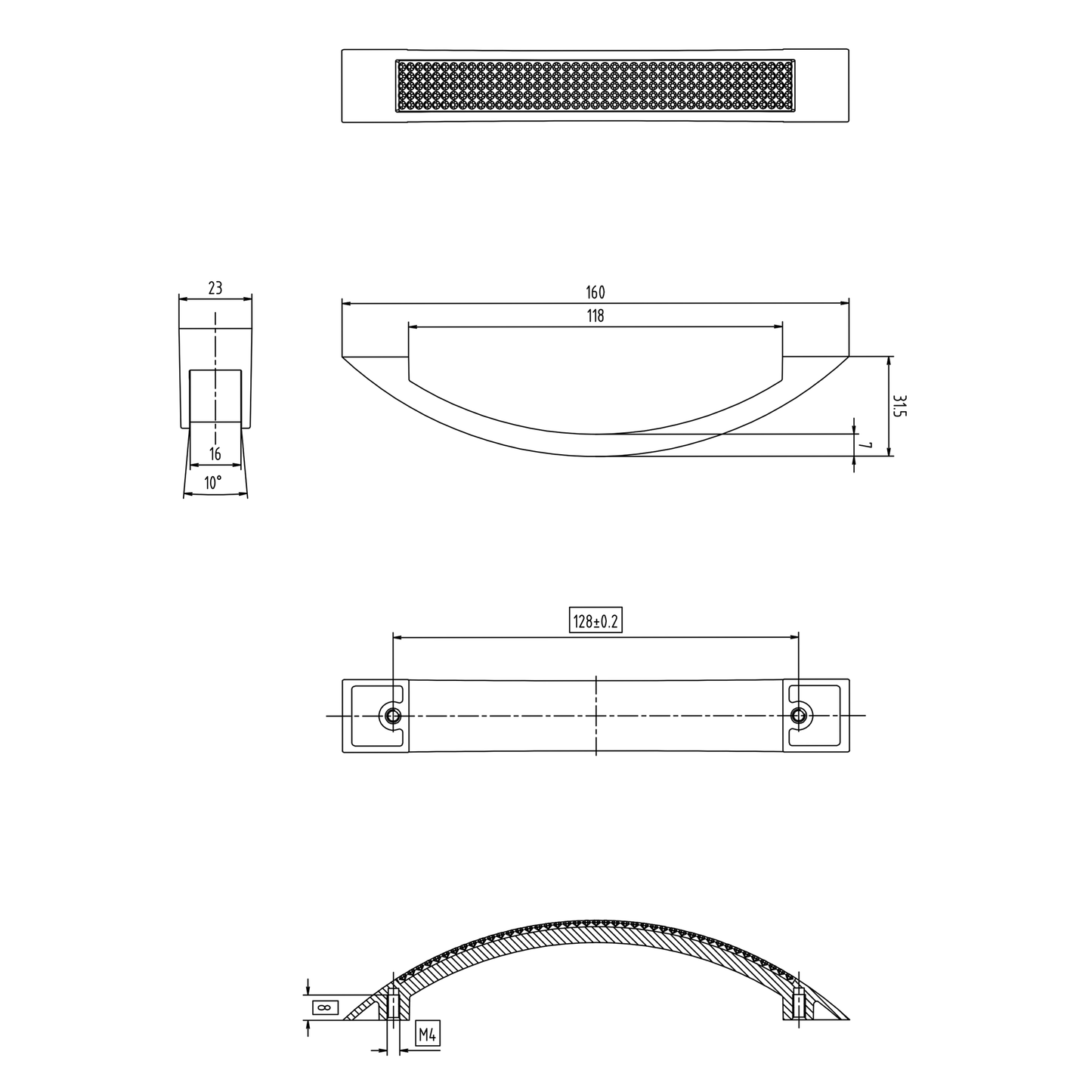Technische Zeichnung Kristall-Bogengriff 128 mm Melis auf weißem Hintergrund