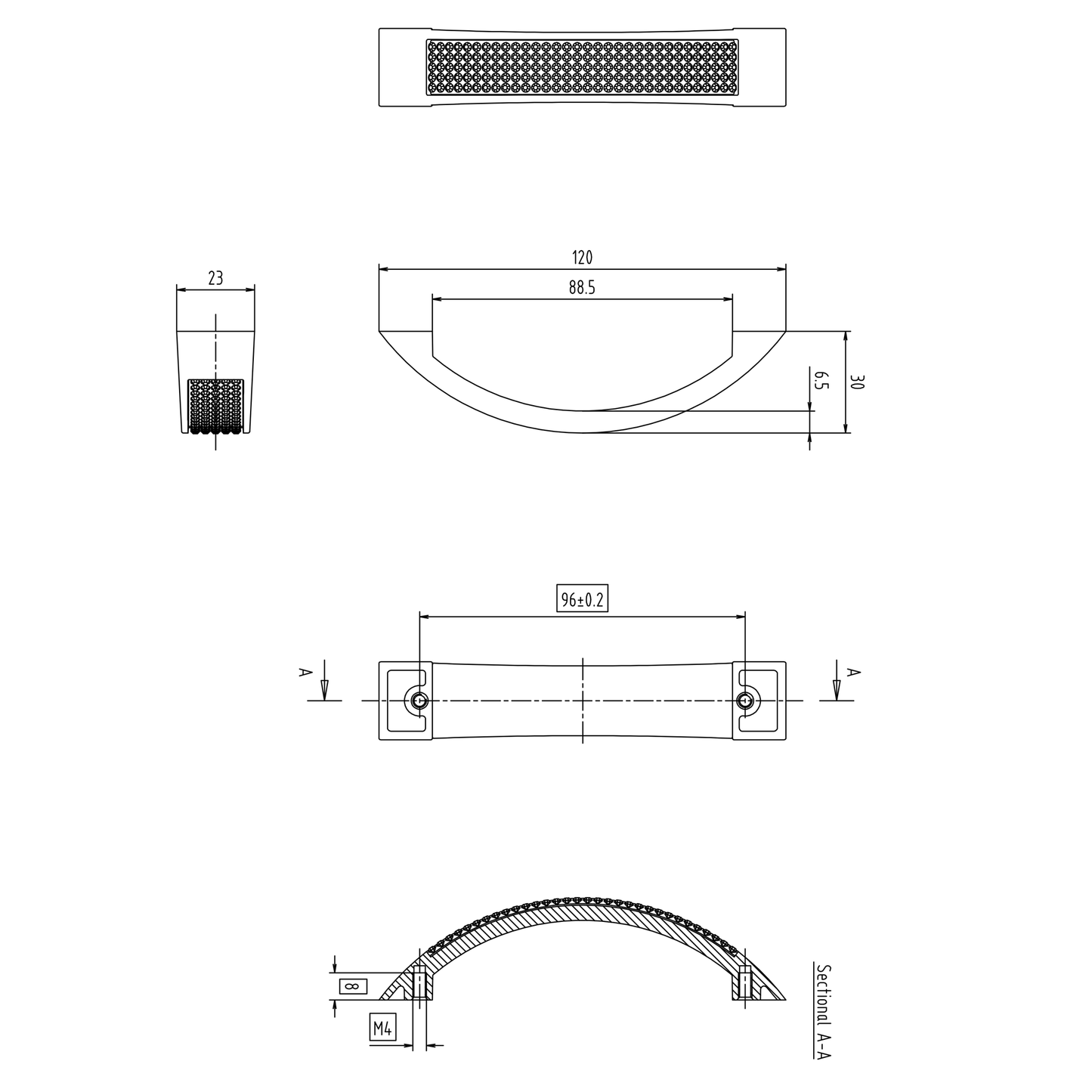 Technische Zeichnung Kristall-Bogengriff 96 mm Melis auf weißem Hintergrund