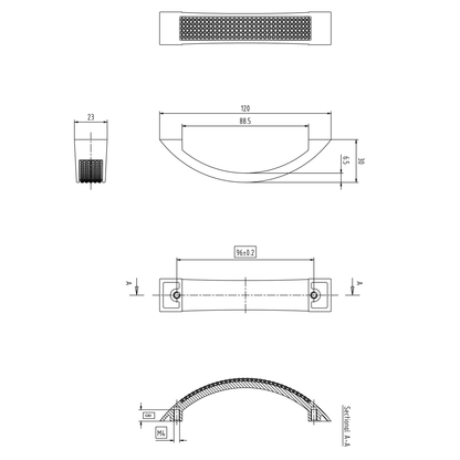 Technische Zeichnung Kristall-Bogengriff 96 mm Melis auf weißem Hintergrund