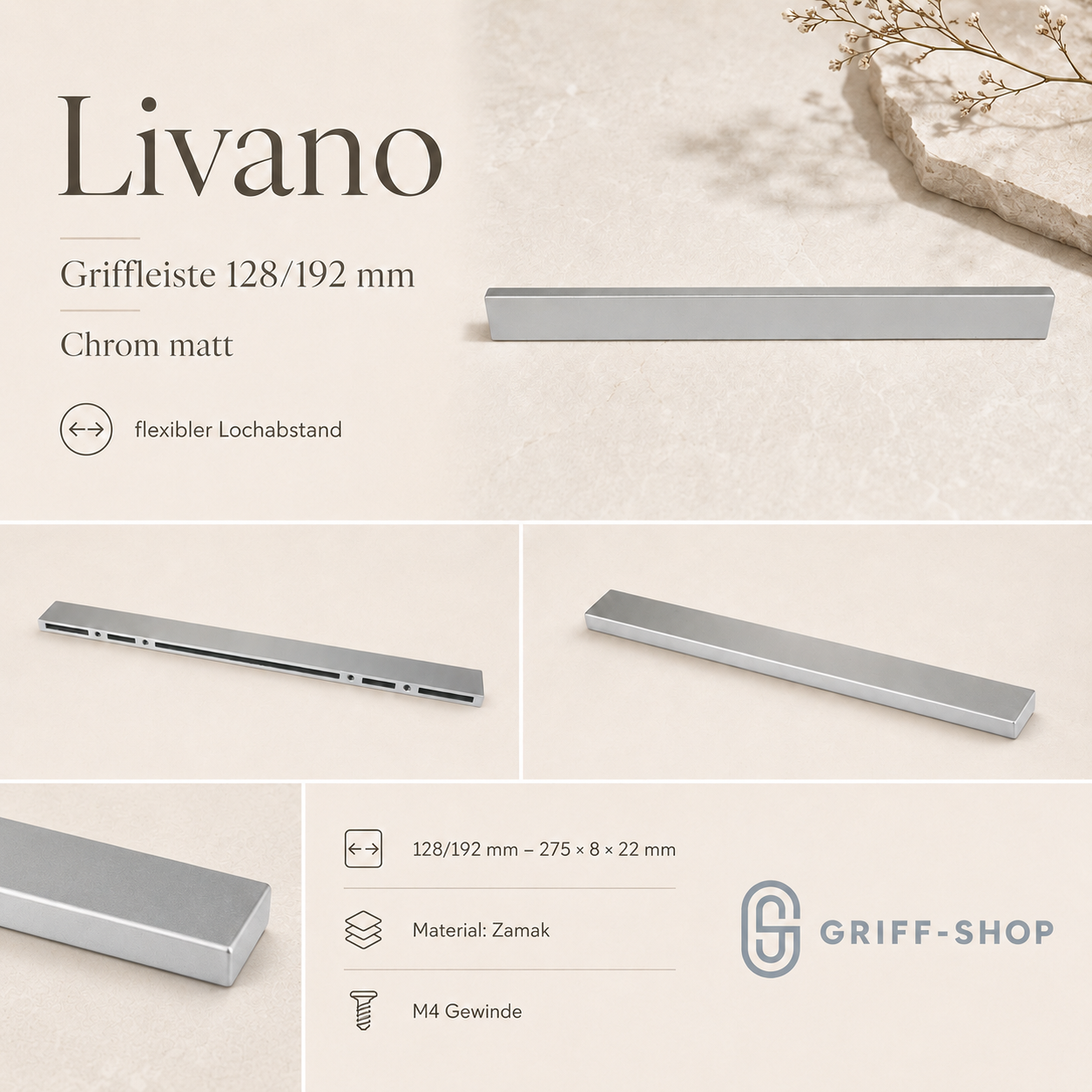 Griffleiste Livano 128/192 mm in Chrom matt Mood Bild auf weißem Hintergrund