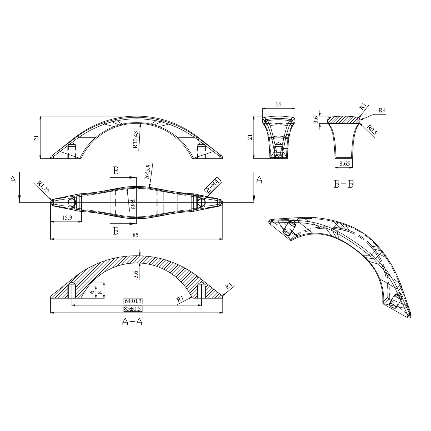 Technische Zeichnung Bogengriff Mavira 64 mm