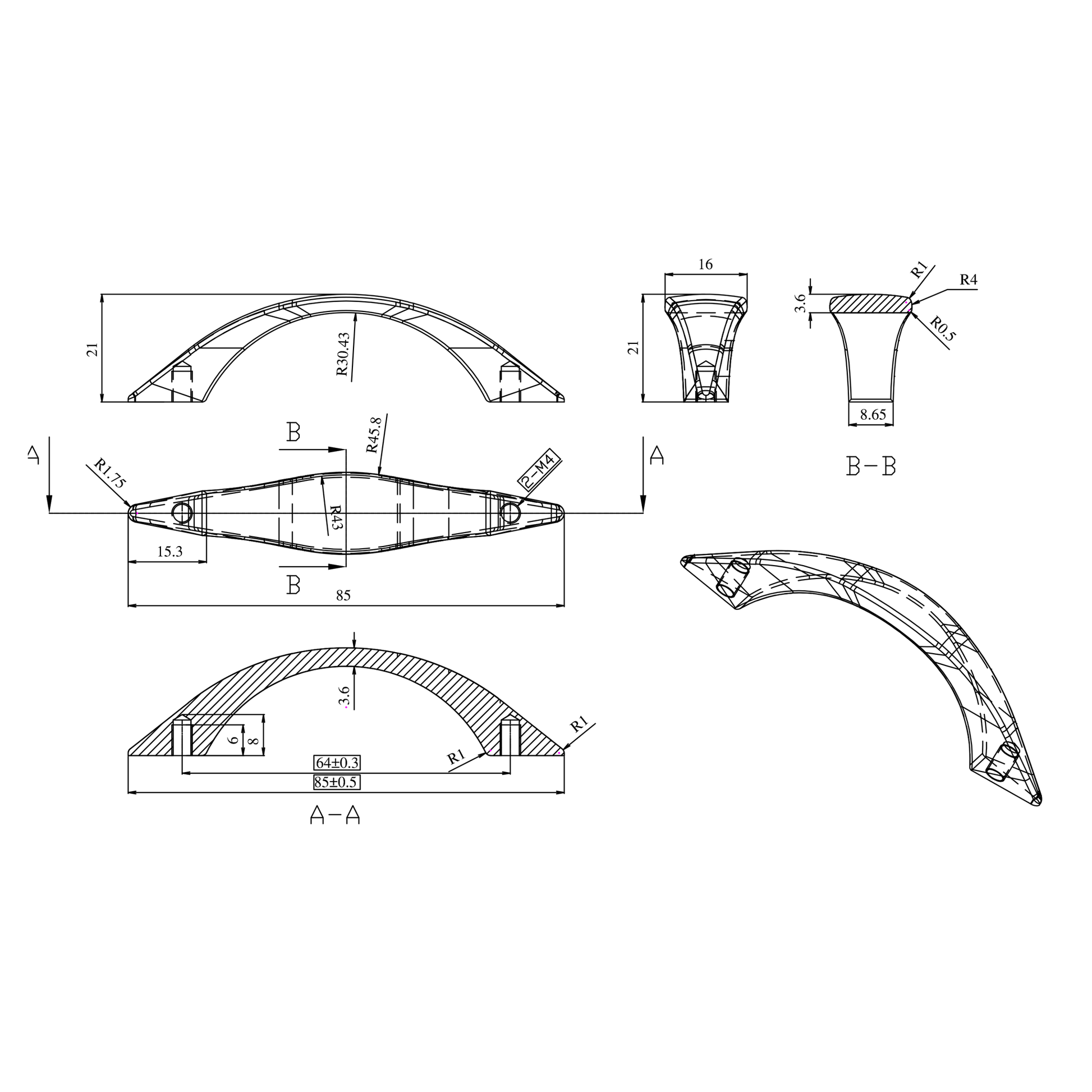 Technische Zeichnung Bogengriff Mavira 64 mm