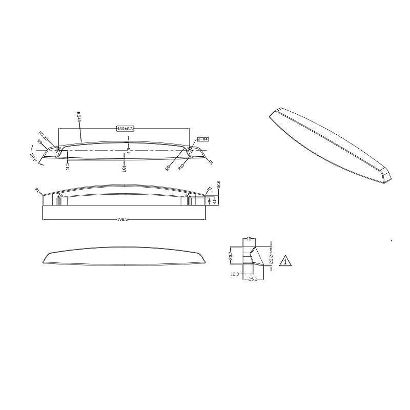 Technische Zeichnung Muschelgriff Charon 160 mm auf weißem Hintergrund