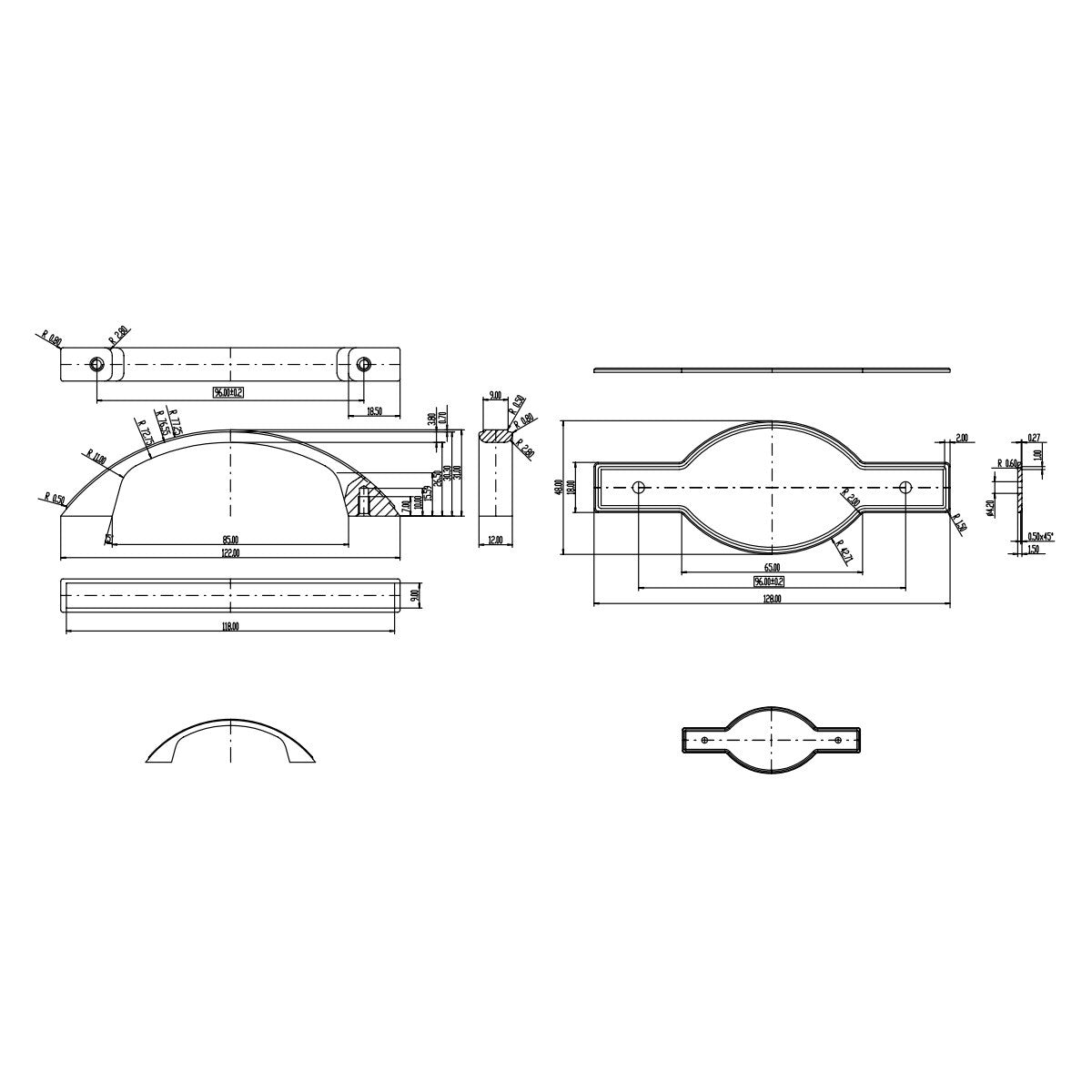 Technische Zeichnung Antik-Bogengriff Chiron 96 mm auf weißem Hintergrund