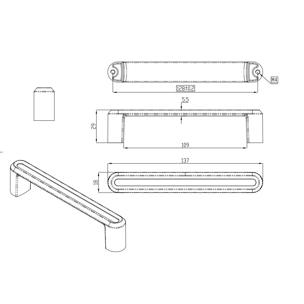 Technische Zeichnung Buegelgriff Dencia 128 mm Chrom glaenzend mit auf weissem Hintergrund