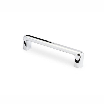 Bügelgriff Dencia 128 mm Chrom glaenzend mit Acryl weiss stehend auf weißem Hintergrund