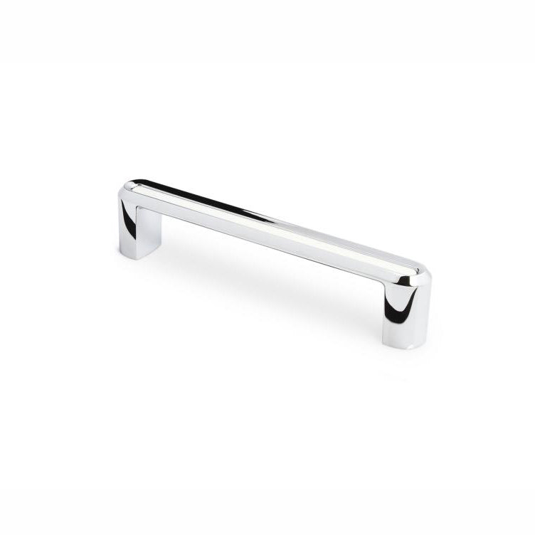 Bügelgriff Dencia 128 mm Chrom glaenzend mit Acryl weiss stehend auf weißem Hintergrund