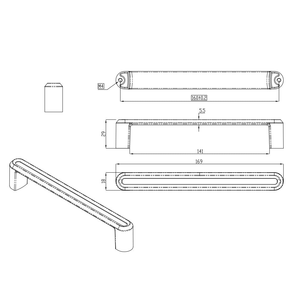 Technische Zeichnung Buegelgriff Dencia 160 mm Chrom glaenzend mit auf weissem Hintergrund